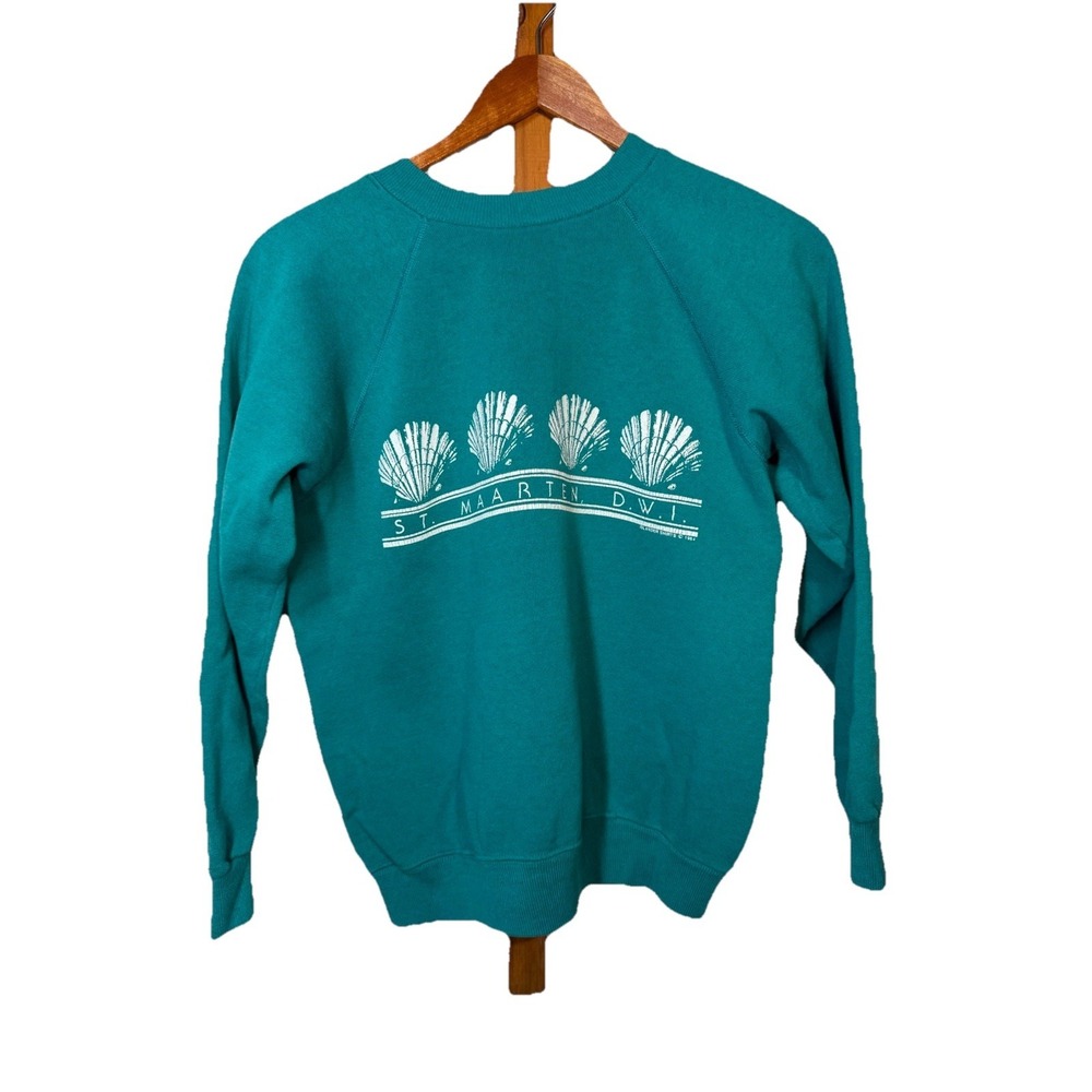 Vintage 80's Rare St. Maarten D.W.I. souvenir sweatshirt Sand Dollars Teal S